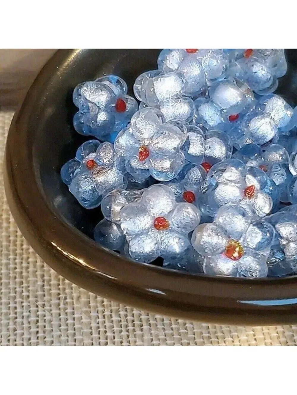 5 Vintage India Glass Icy Blue Flower Beads with Silver Foil